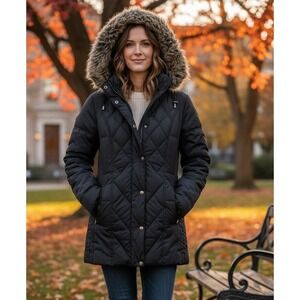 London Fog Quilted Puffer Coat Faux Fur Hood Quilted Women's Black Size M Winter
